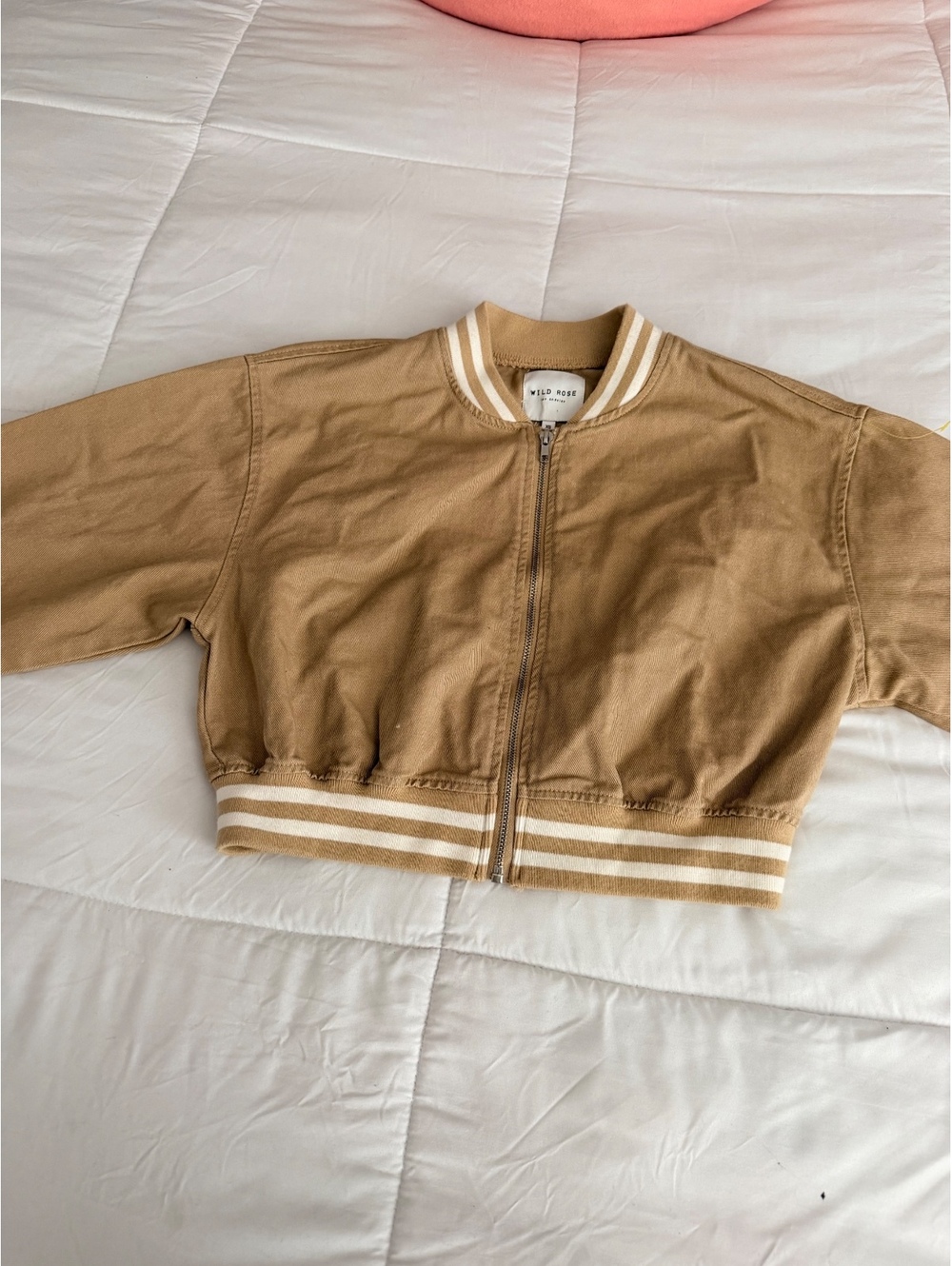 Wild Rose Los Angeles XS Tan Cropped Bomber Jacket with Self